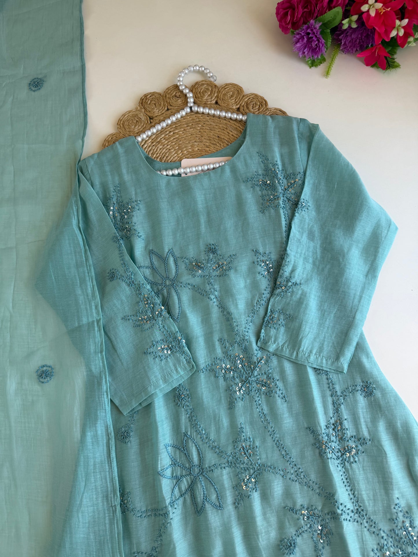K056 - Mul chanderi French knot embroidered Aline Kurti with pants and dupatta in 2 colours