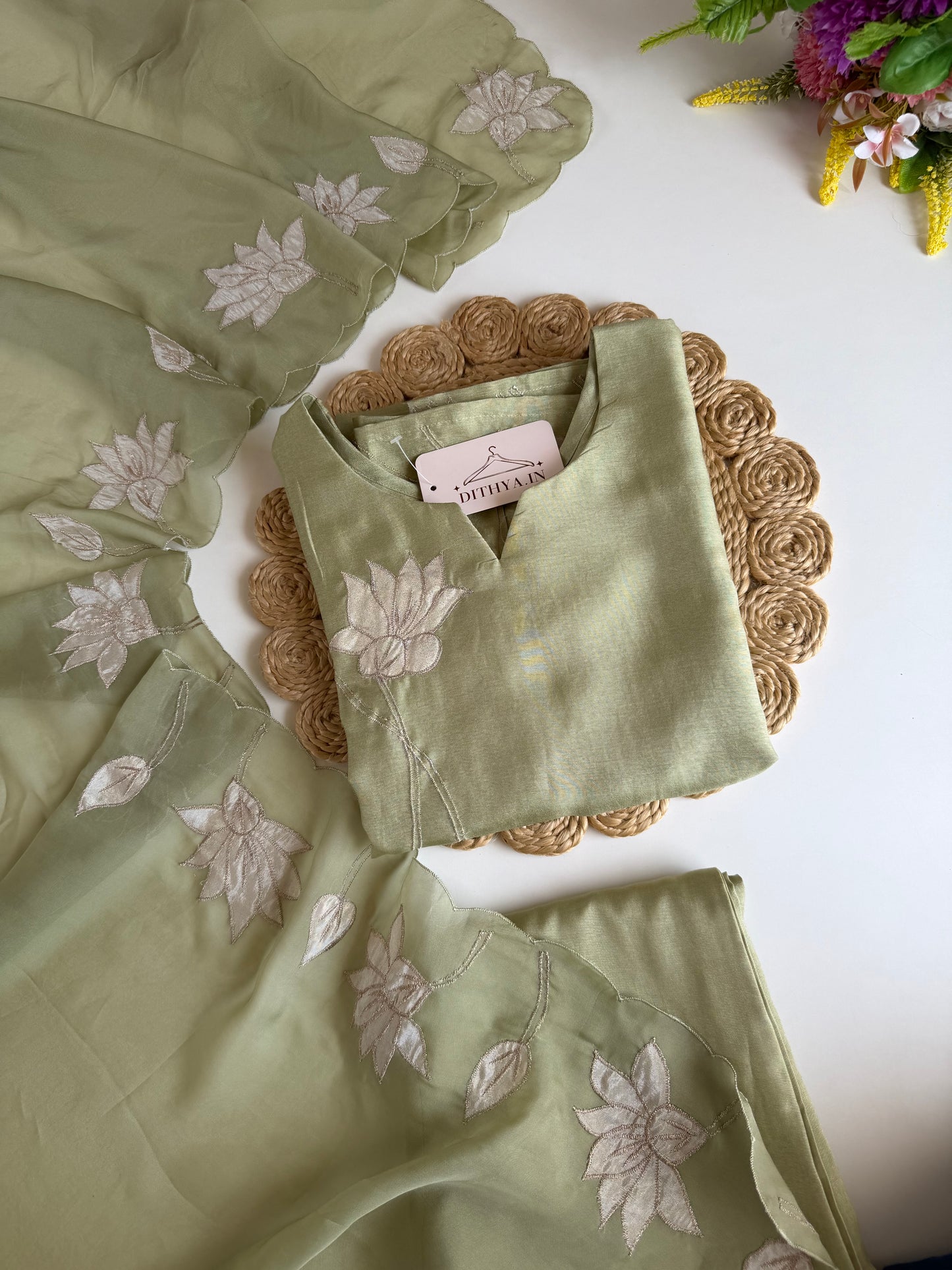 K229 - Dola silk appliqué work straight Kurti with pants and dupatta