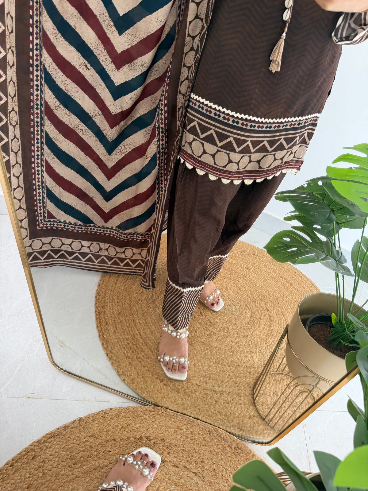 K371 - Pure crape Ajrakh handwork farshi salwar with dupatta and farshi pants
