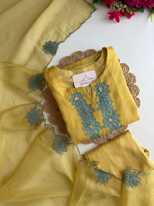 K273 - Viscose organza appliqué work straight Kurti with pants and dupatta