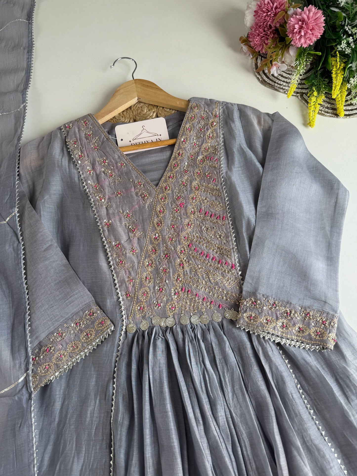 K486 - Mul Chanderi handwork Anarkali with pants and dupatta