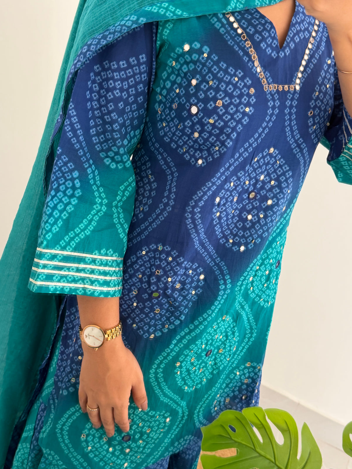 K090 - Mul cotton bandhini mirror work short Kurti with palazzo pants and dupatta