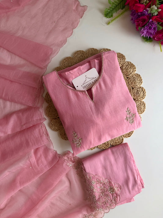 K639 - Mul chanderi handwork aline Kurti with pants and dupatta