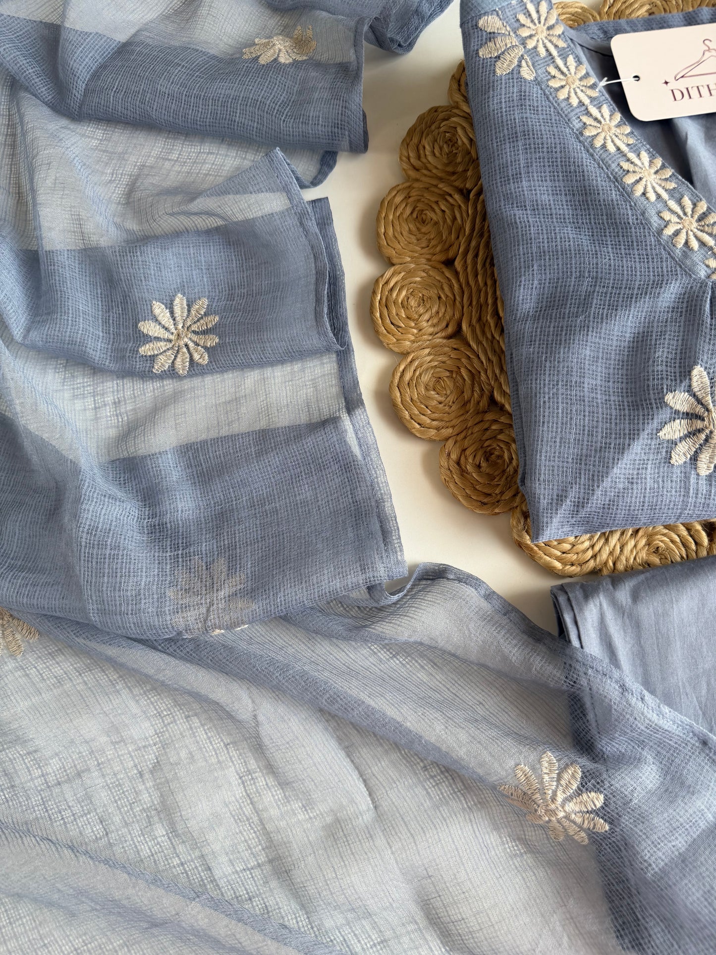 K713 - Kota doriya embroidered Aline Kurti with pants and dupatta