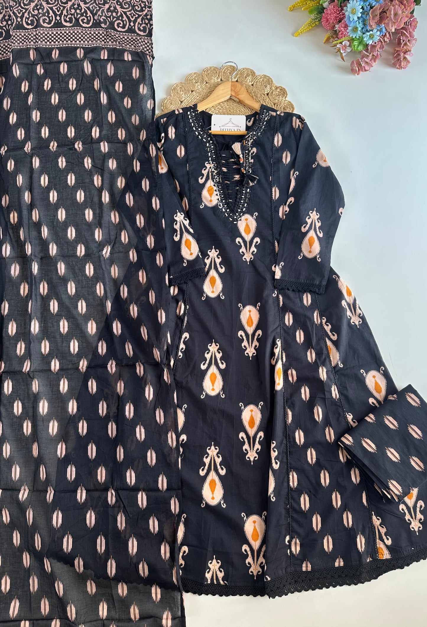 K685 - Mul cotton embroidered Aline Kurti with pants and dupatta