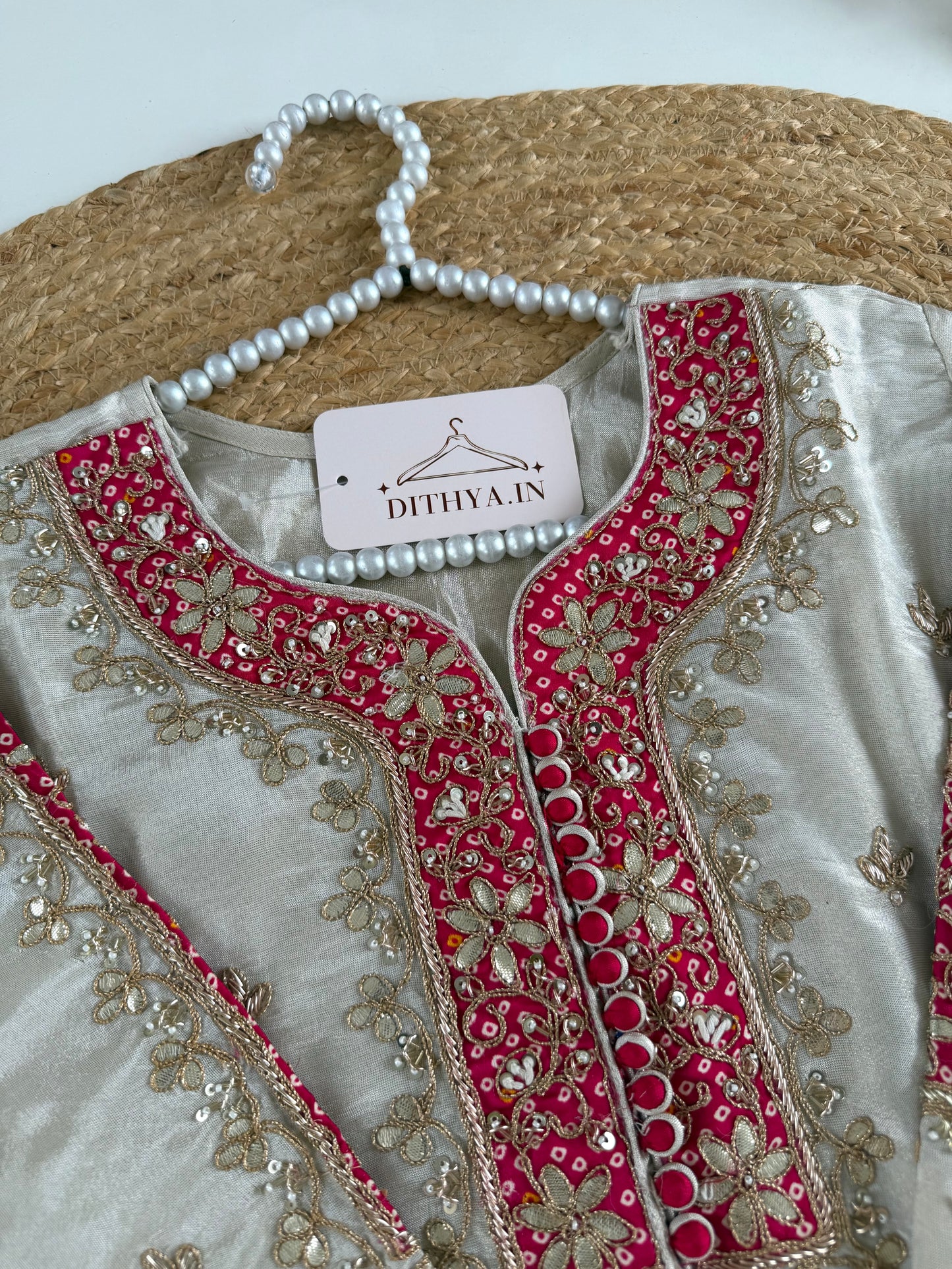 K225 - Tissue silk gota handwork short Kurti with divider pants