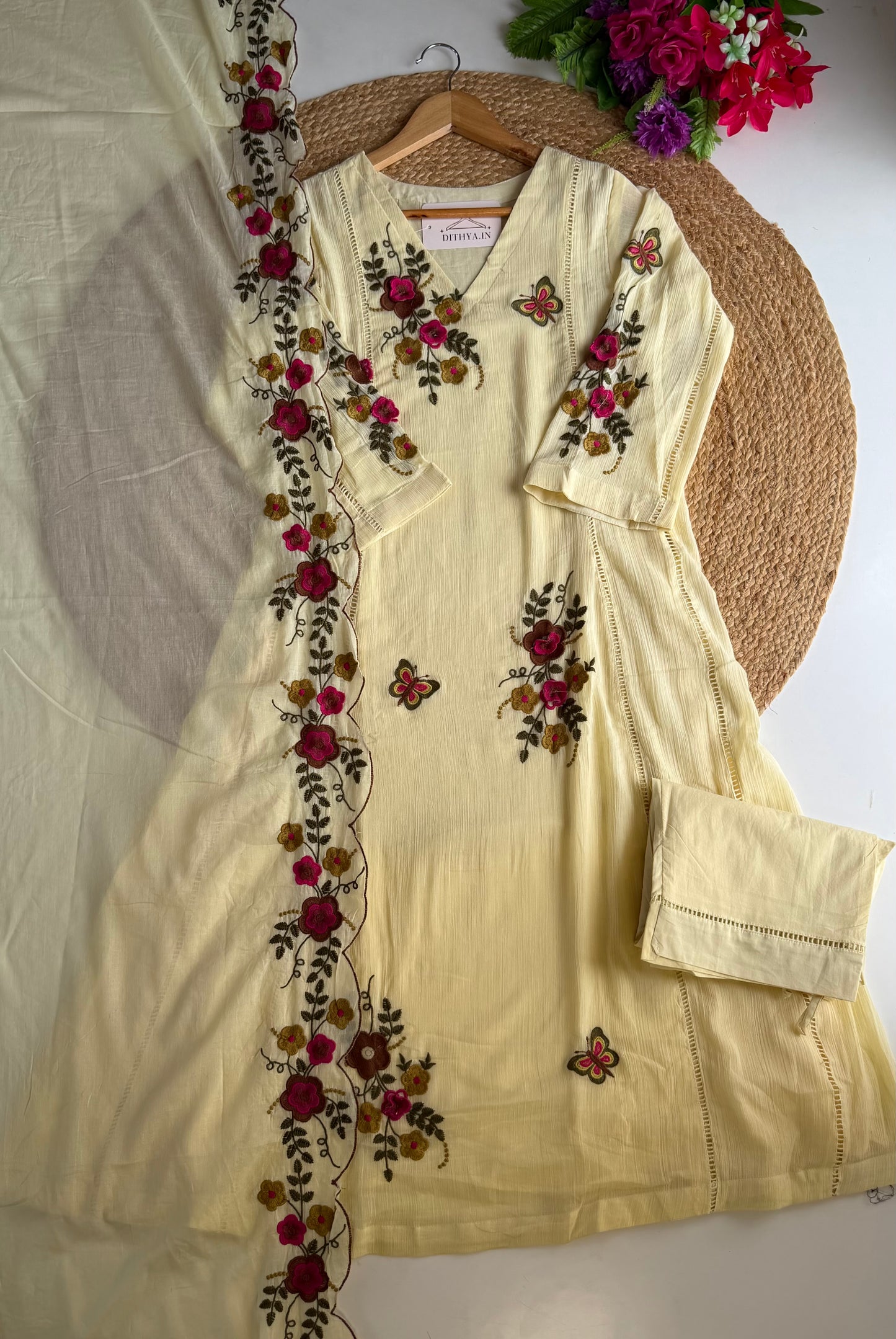 K018 - Crushed cotton 3D embroidered Anarkali with pants and dupatta