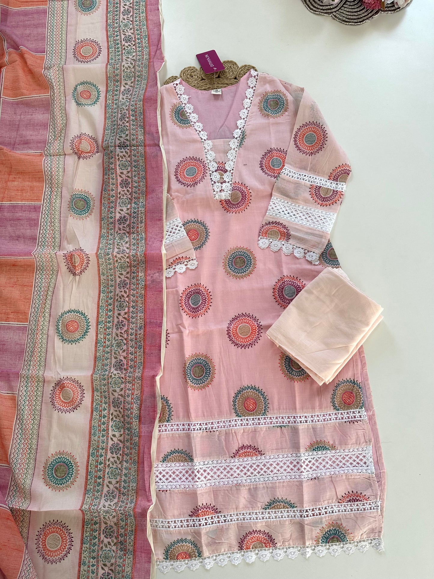 K420 - Cotton embroidered straight Kurti with pants and dupatta in 2 colours
