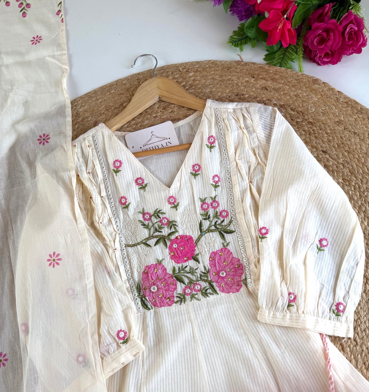 K659 - Mulmul cotton embroidered Anarkali with pants and dupatta