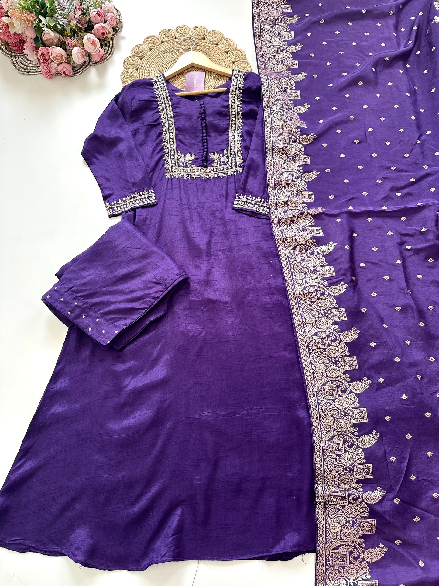 K374-Russian silk Zari work Aline Kurti with pants and dupatta .