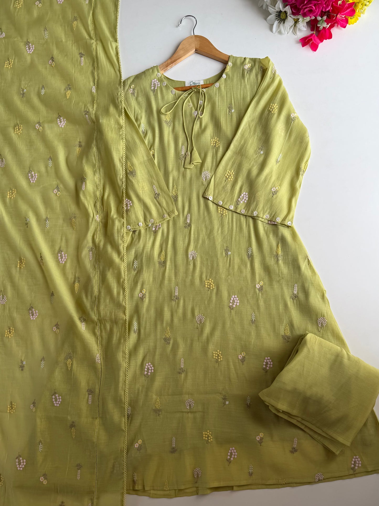K736 - Surat Mul chanderi paisley embroidered Aline Kurti with pants and dupatta in 2 colours