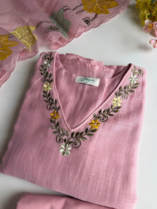 K185 - Mul chanderi appliqué embroidered Aline Kurti with pants and dupatta