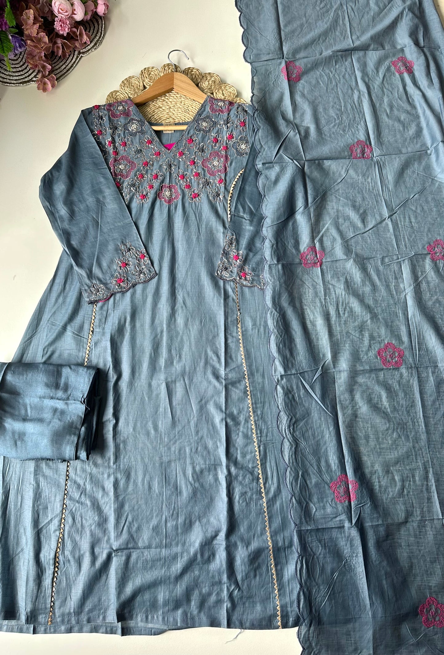 K375 -Mul Chanderi handwork Aline Kurti with pants and dupatta