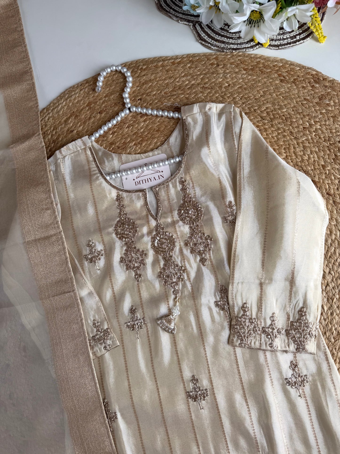 K092 - Tissue silk handwork straight Kurti with pants and dupatta