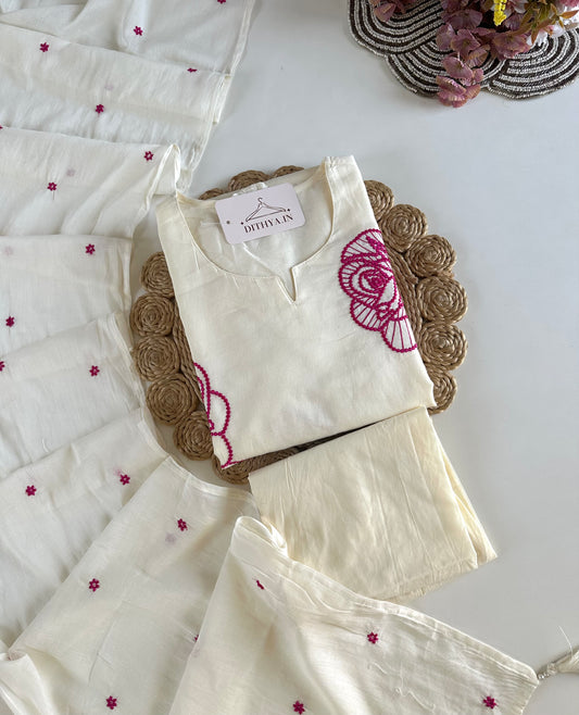 K449 - Mul cotton embroidered Aline Kurti with pants and dupatta