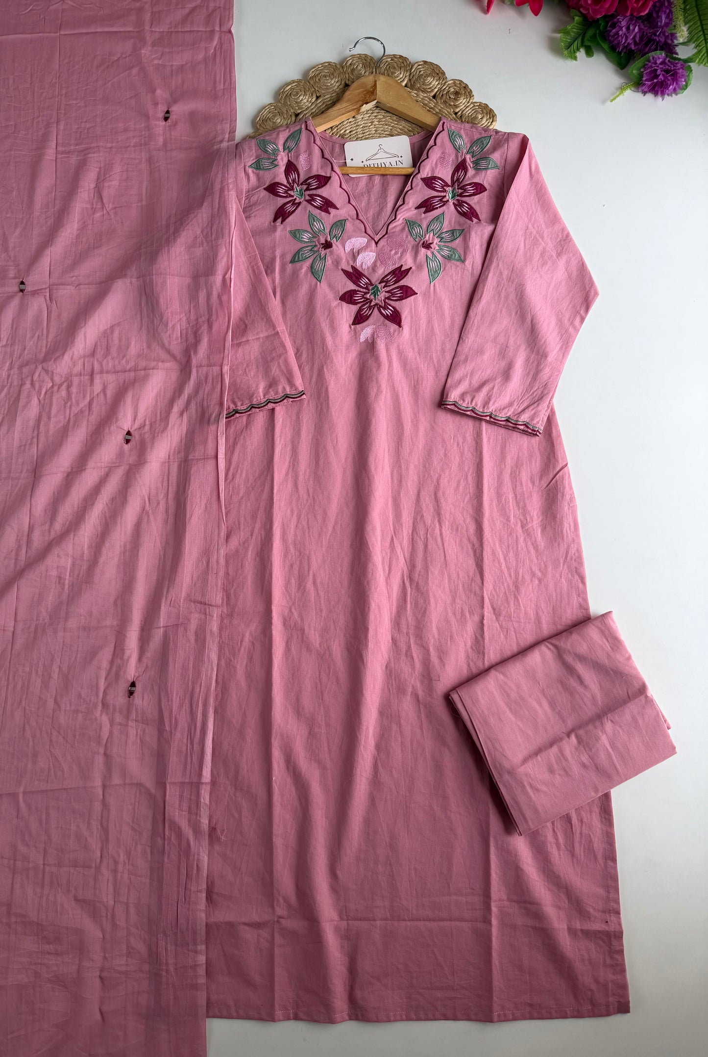 K131 - Mul cotton embroidered straight Kurti with pants and dupatta