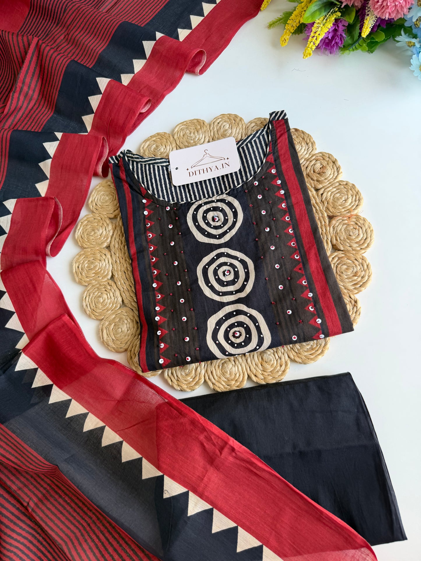 K032 - Mul cotton embroidered straight Kurti with pants and dupatta