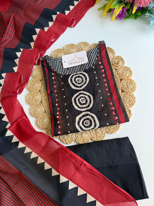 K032 - Mul cotton embroidered straight Kurti with pants and dupatta