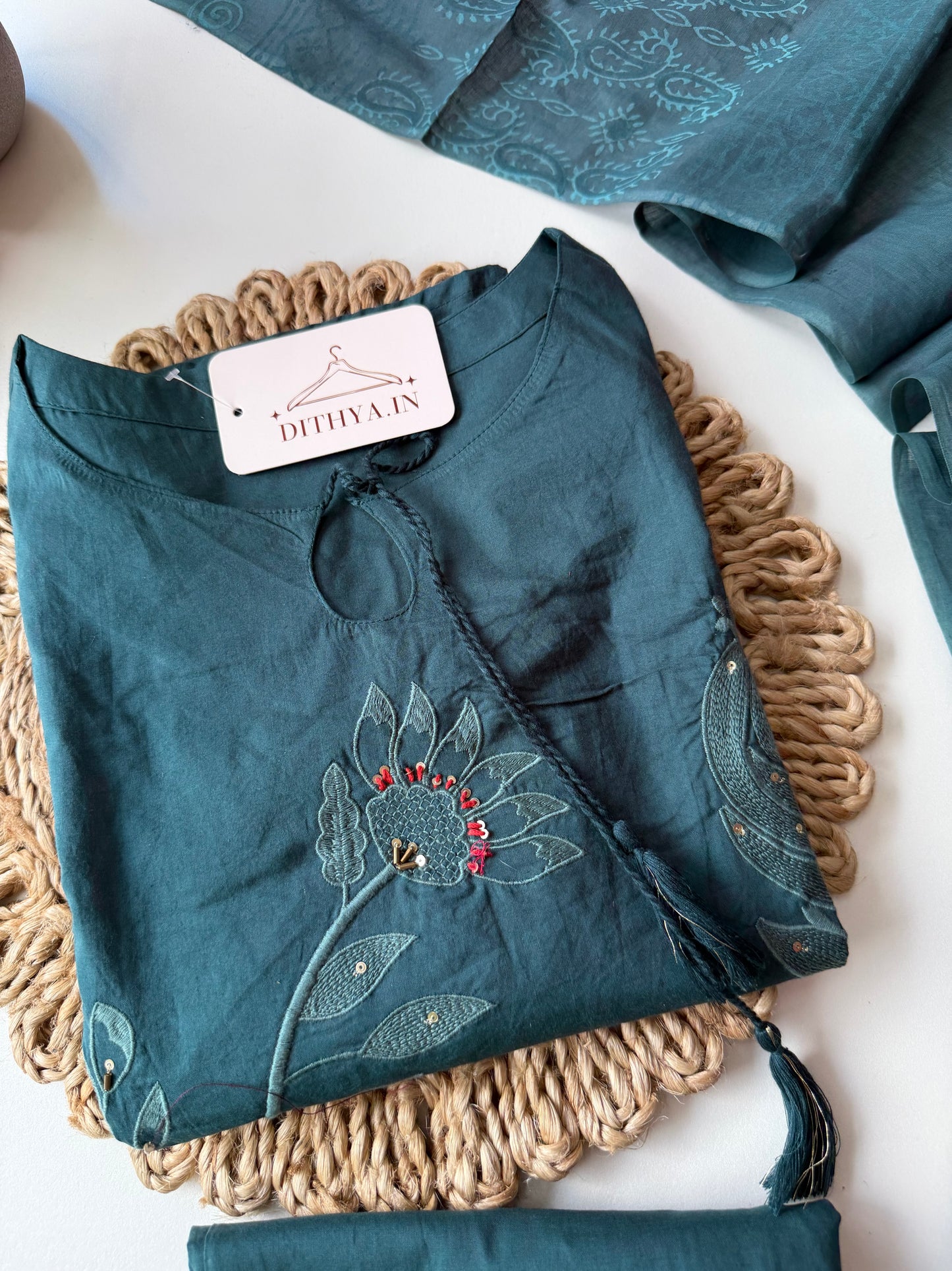 K583 - Cotton embroidery straight Kurti with pants and dupatta in 2 colours