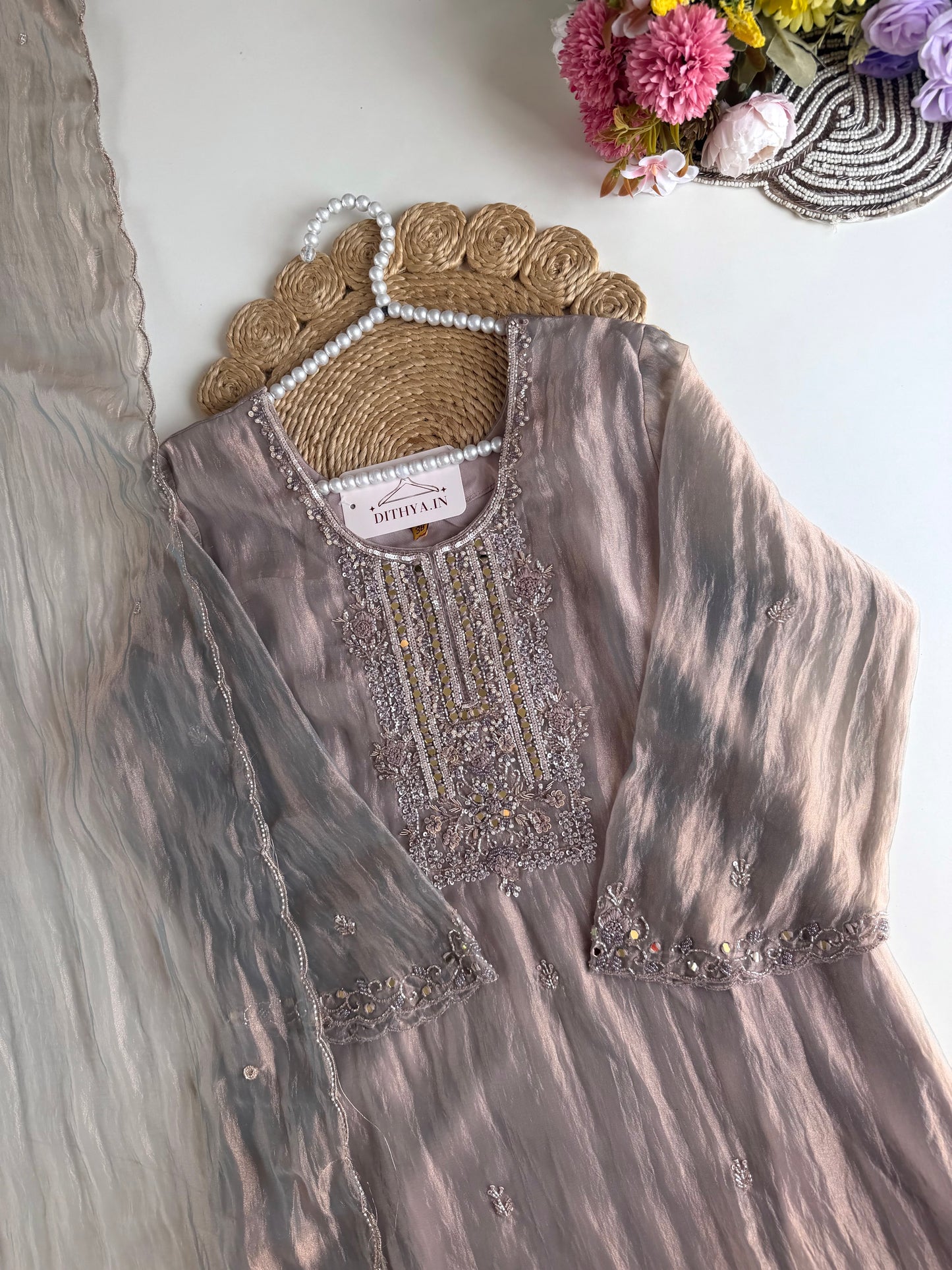 K437 - Glass tissue silk handwork aline Kurti with pants and dupatta