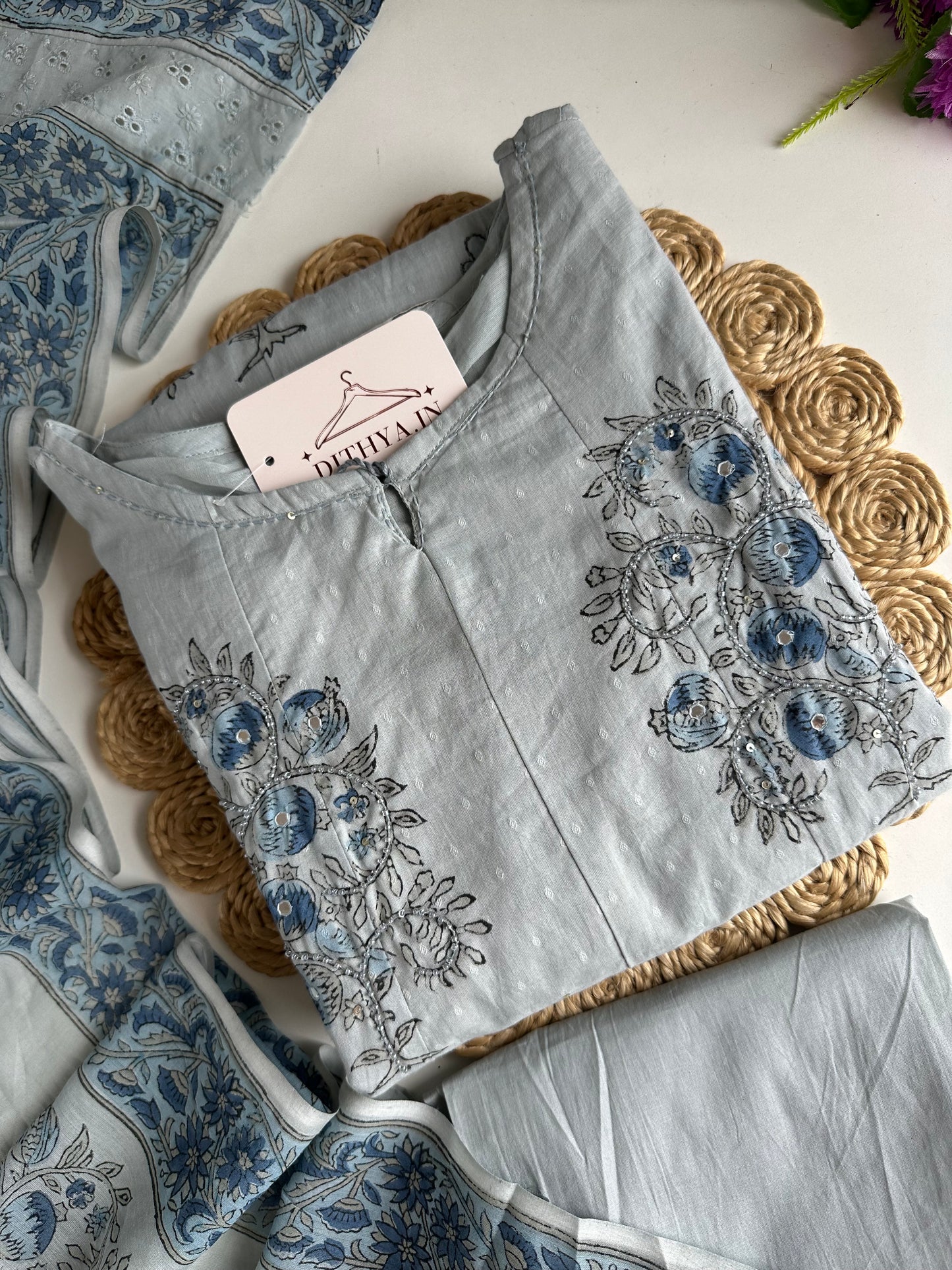 K213 - Mul cotton block print & embroidered Anarkali with pants and dupatta