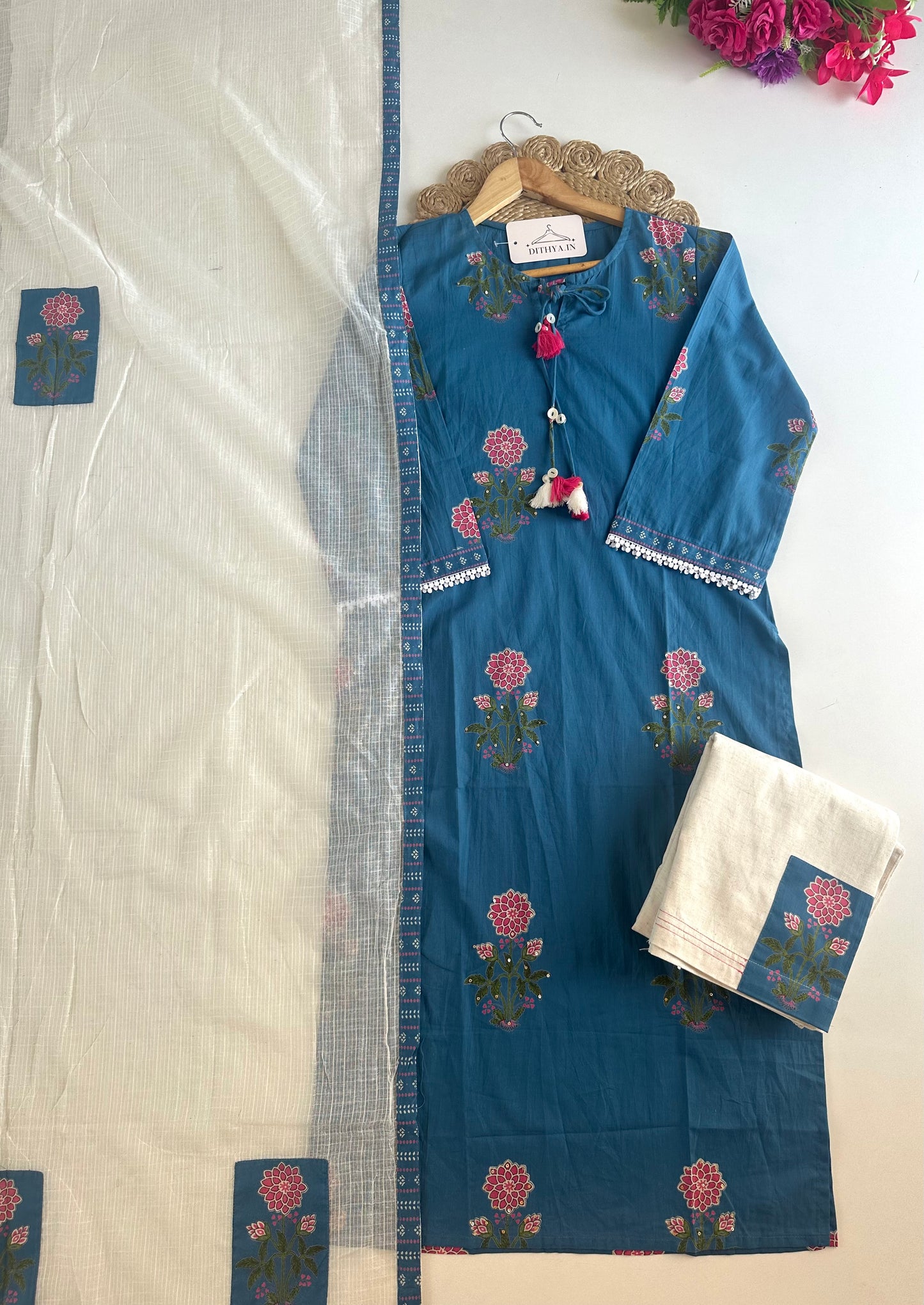 K233 - Mul cotton printed straight Kurti with pants and dupatta