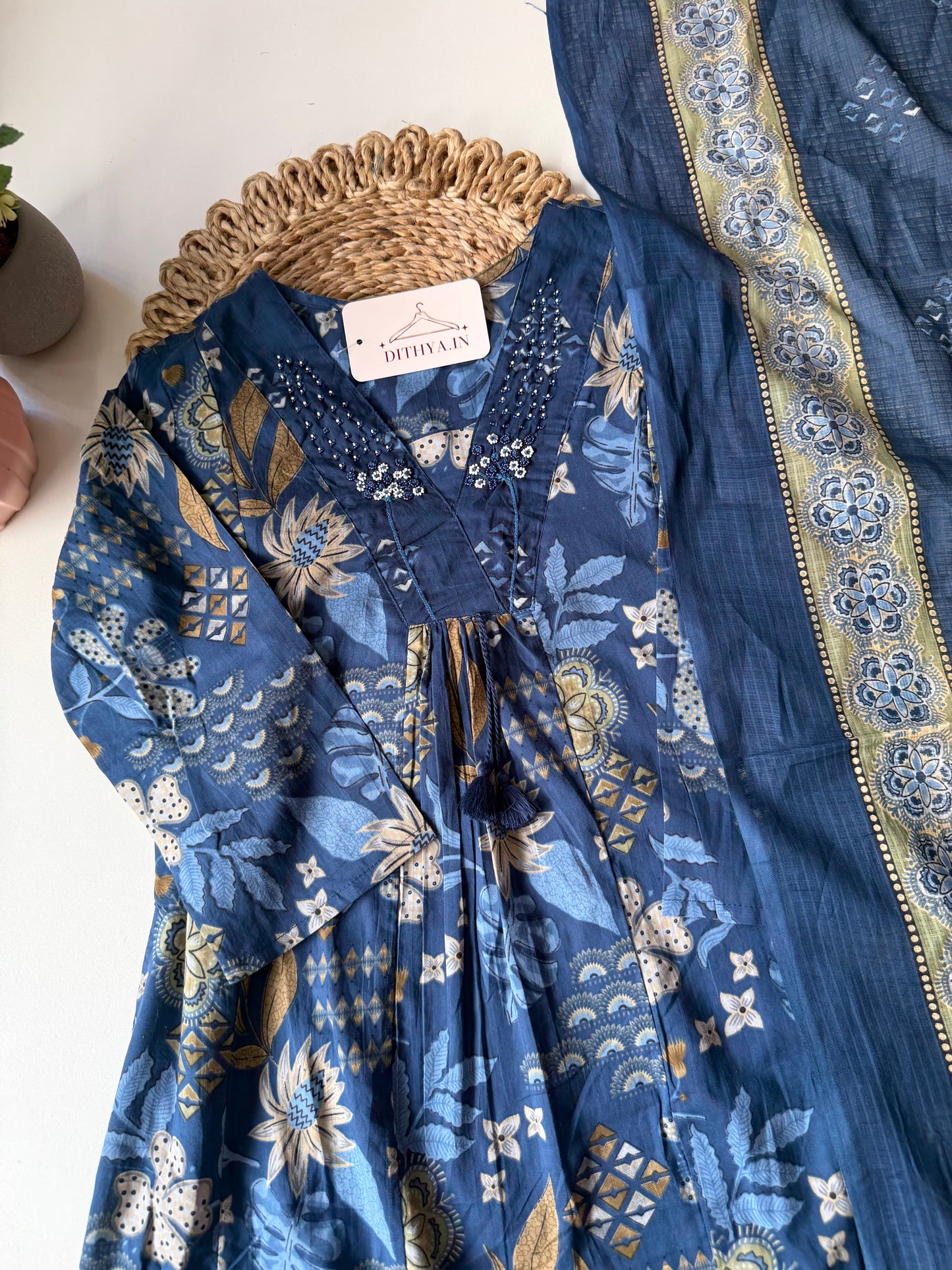 K591 - Cotton floral Aline Kurti with pants and dupatta