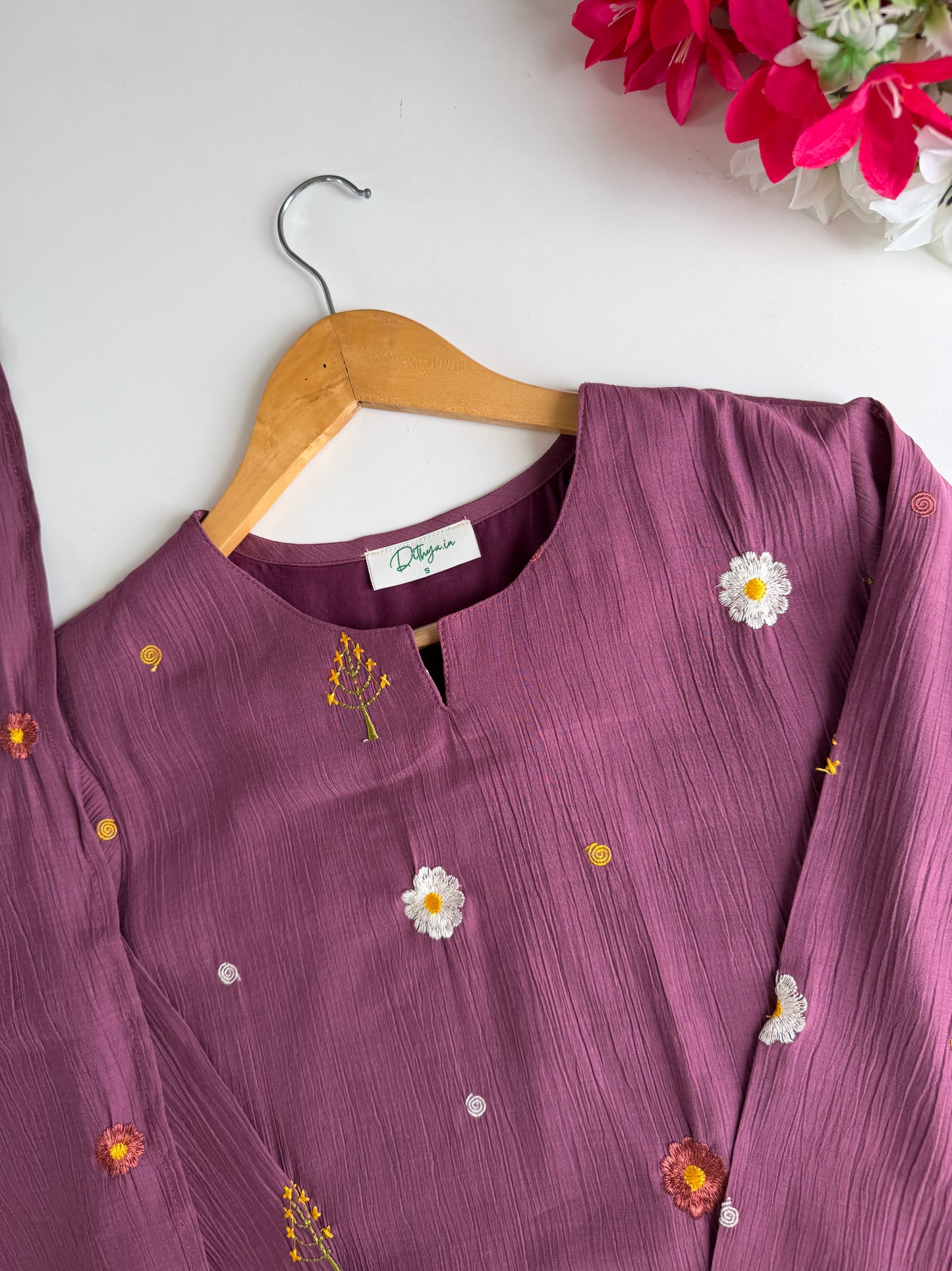 K445 - Imported crush cotton embroidered Aline Kurti with pants and dupatta