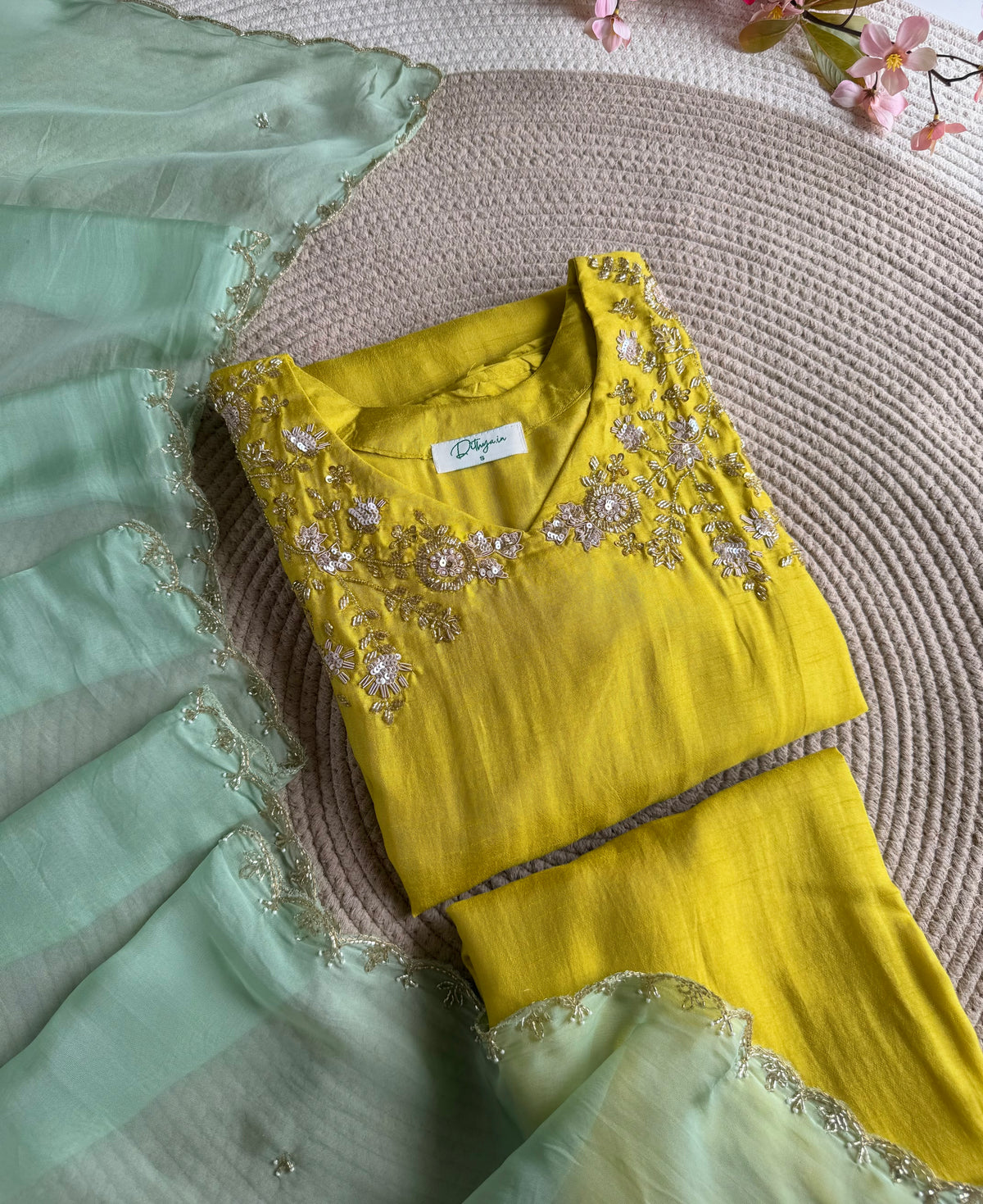 K352 - Russian silk handwork aline Kurti with pants and dupatta
