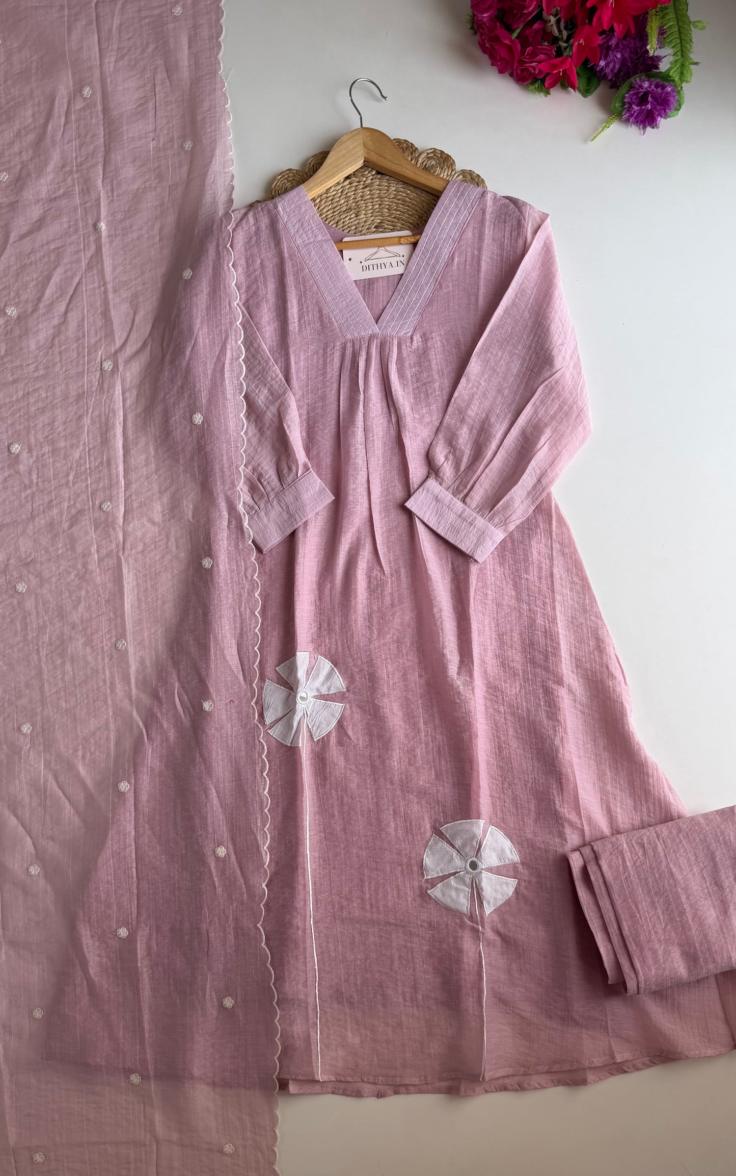 K036 - Crushed Surat Mul chanderi embroidered Aline Kurti with pants and dupatta in 2 colours