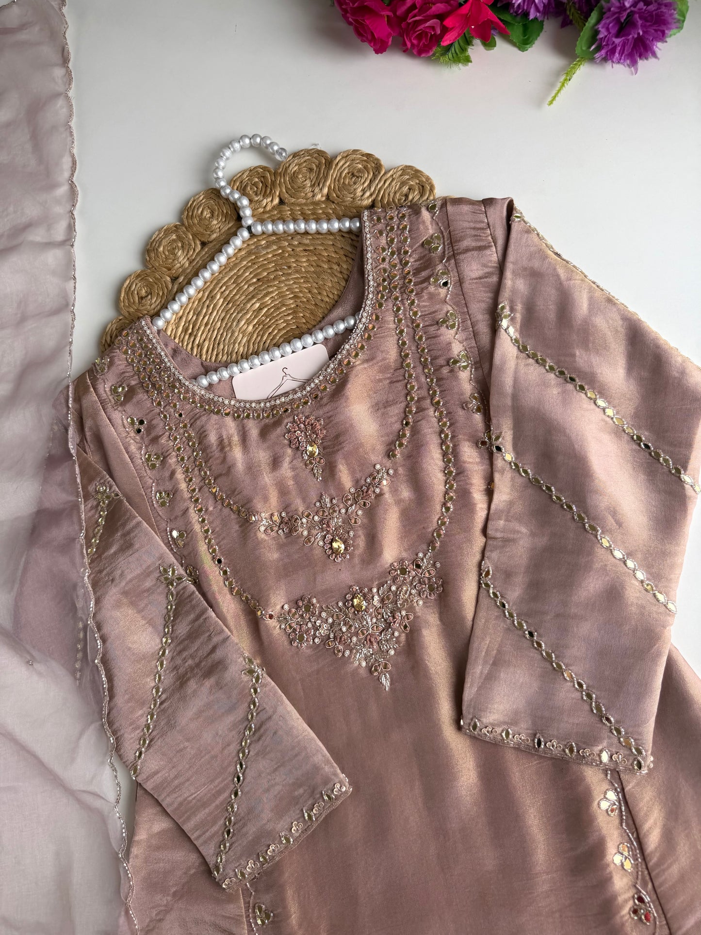 K722 - Tissue silk jewel work Anarkali with pants and dupatta