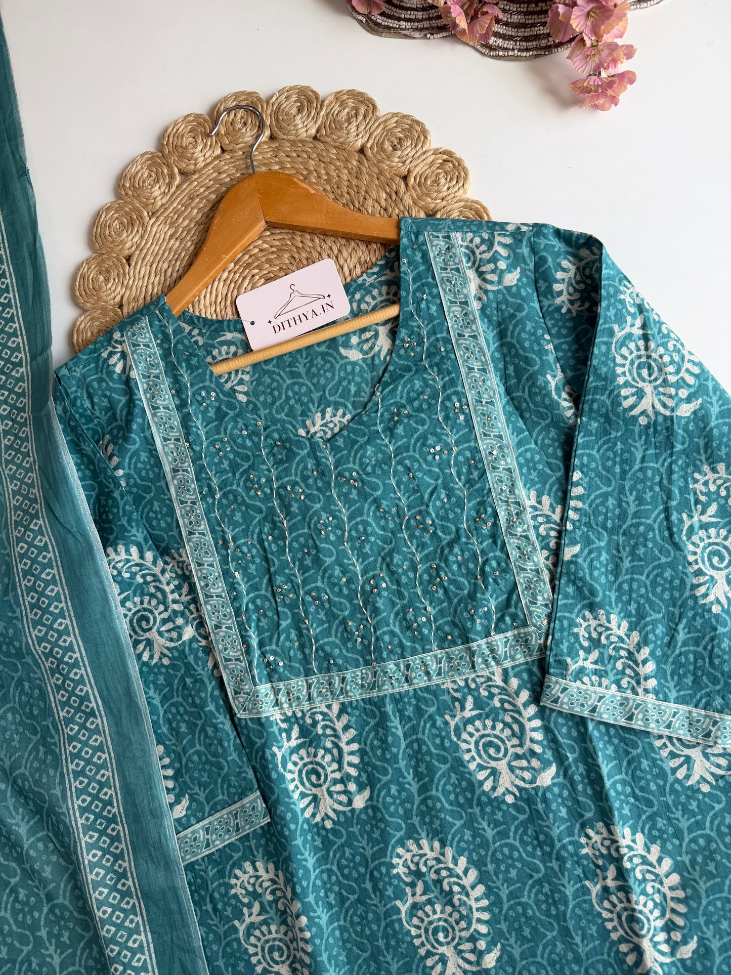 K435 - Mul cotton printed straight Kurti with pants and dupatta