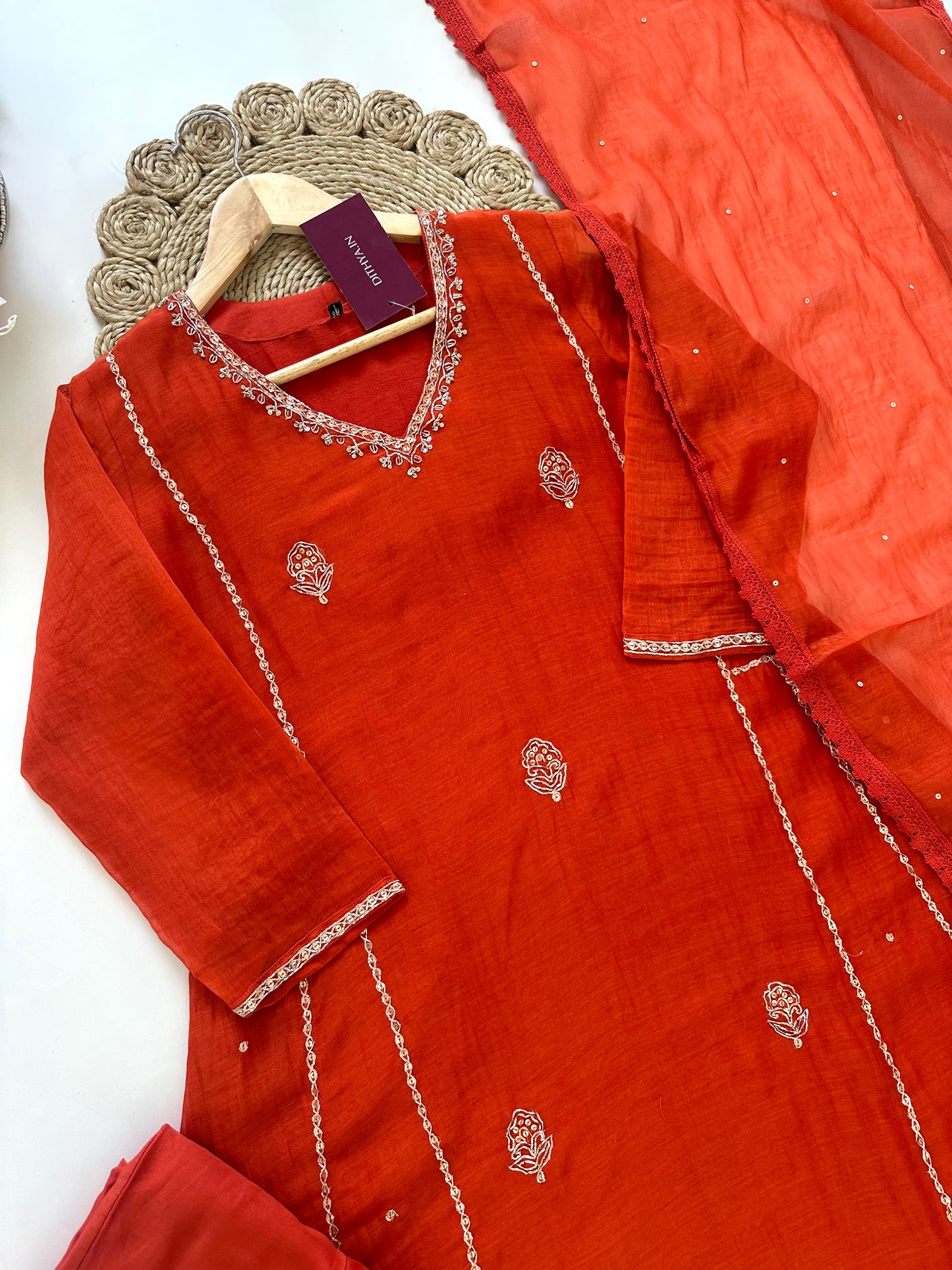 K022 - Mul Chanderi Zardosi work Aline Kurti with pants and dupatta .