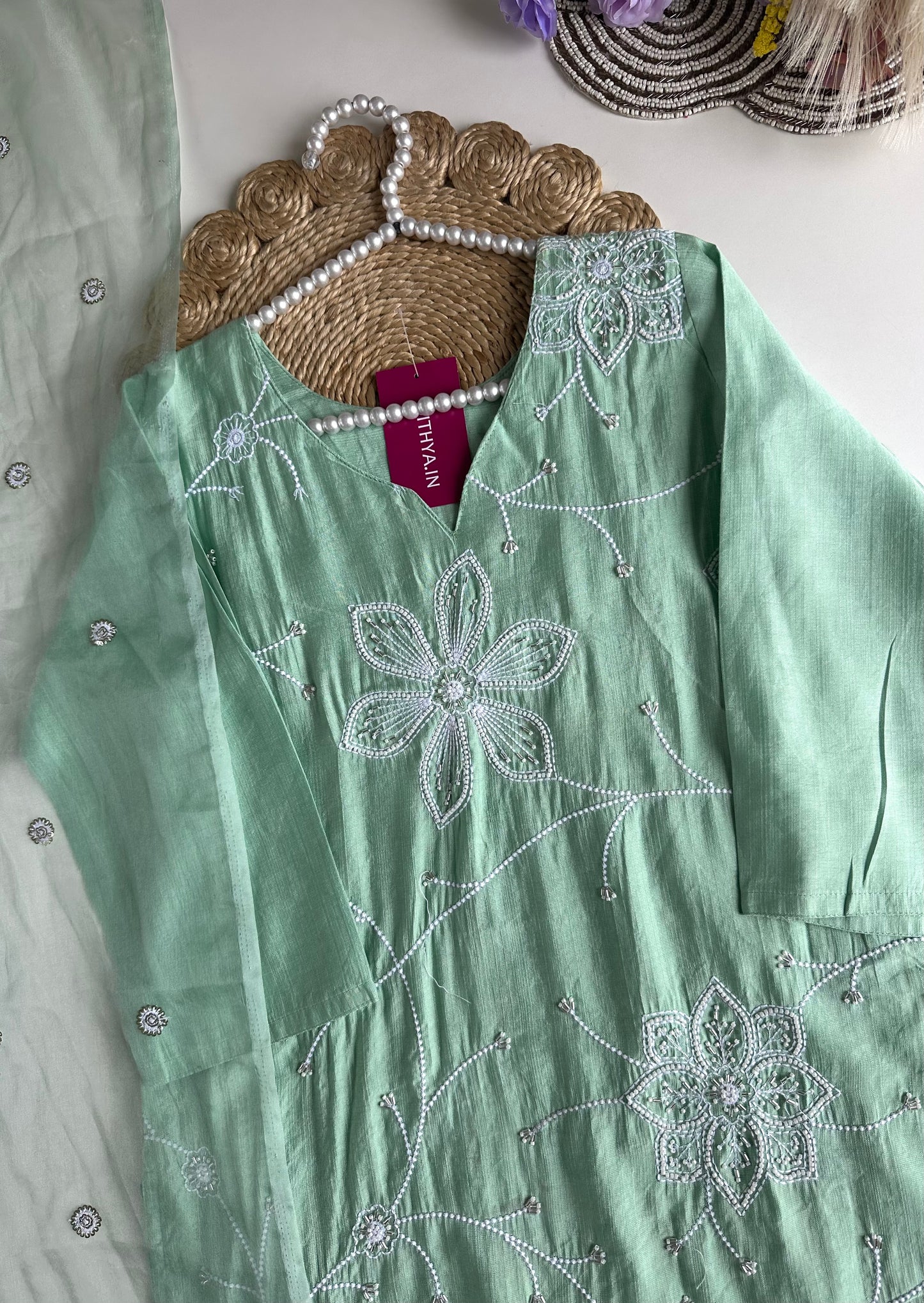 K100 - Roman silk embroidered straight Kurti with pants and dupatta