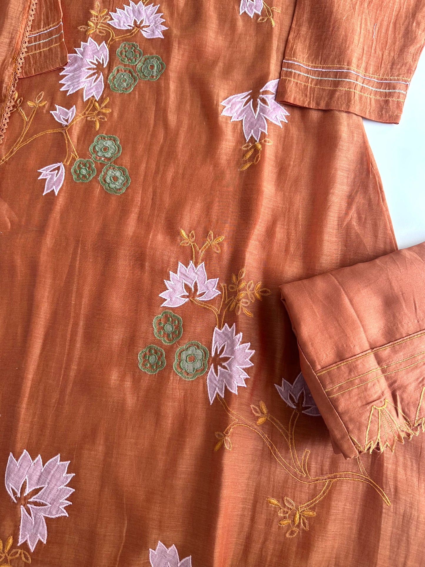 K425 - Mul Chanderi appliqué work Aline Kurti with pants and dupatta