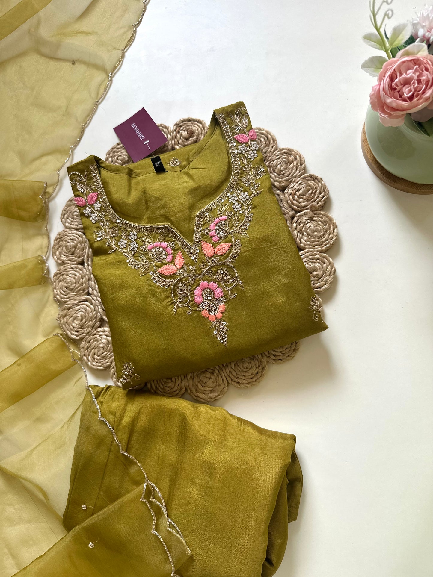 K087 - Russian silk handwork straight kurti with pants and organza dupatta .