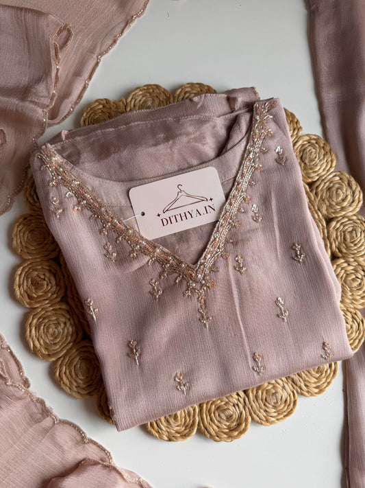 K534 - Chinnon handwork aline Kurti with divider pants and dupatta