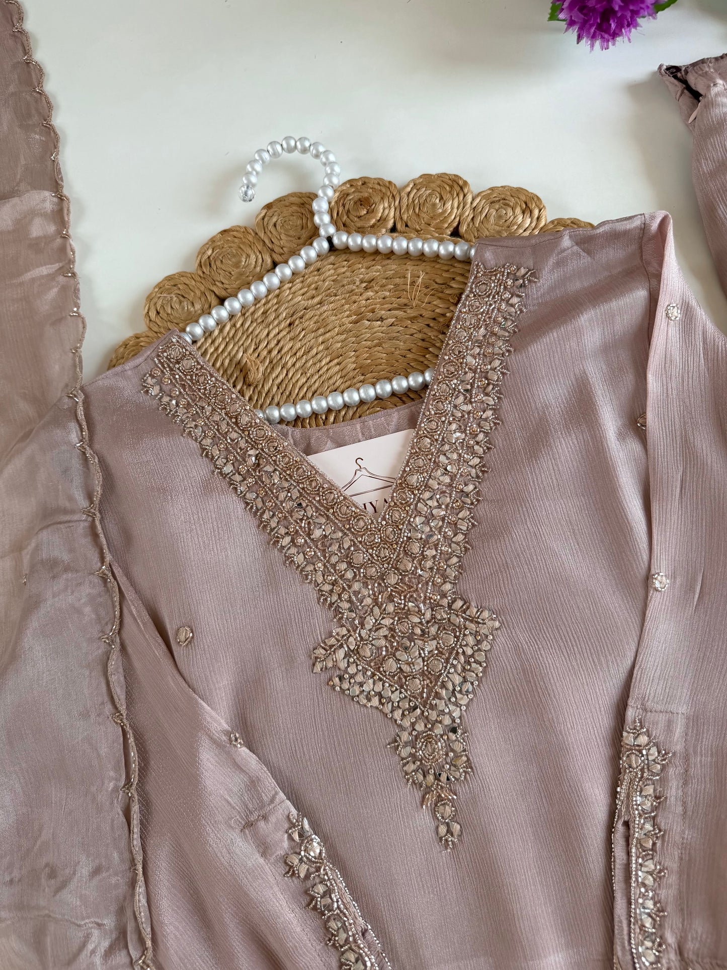 K514-Pure Chinnon handwork short Kurti with divider pants and dupatta