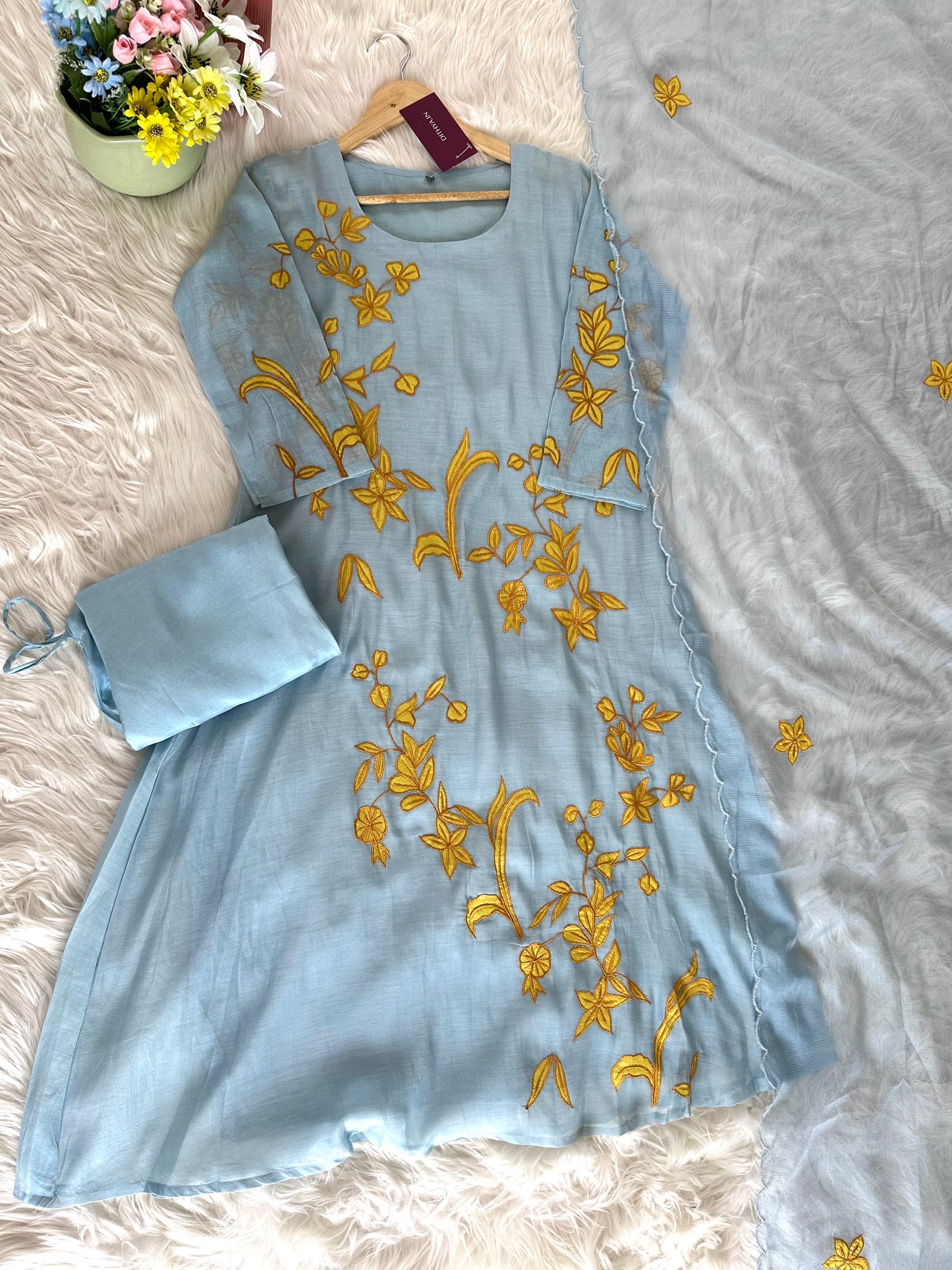 K037 - Mul Chanderi appliqué work Aline Kurti with pants and dupatta
