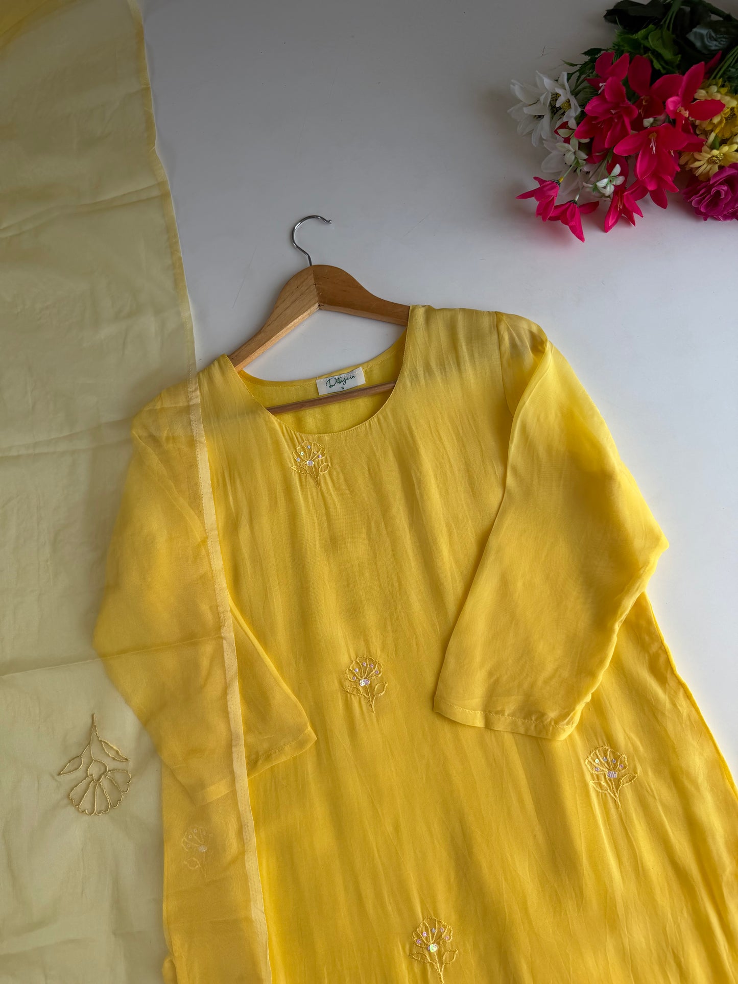 K704 - Viscose organza appliqué work straight Kurti with pants and dupatta