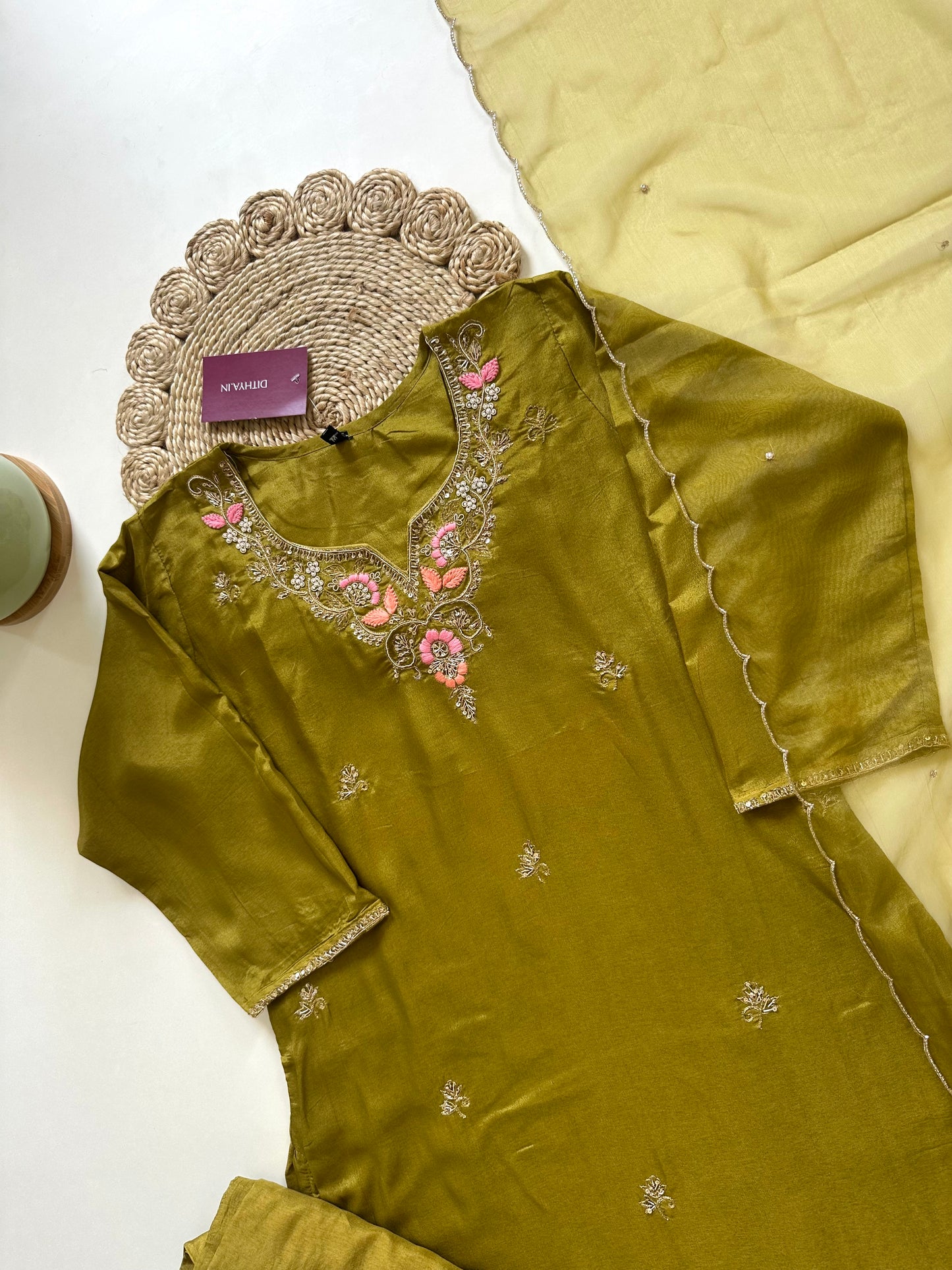 K087 - Russian silk handwork straight kurti with pants and organza dupatta .