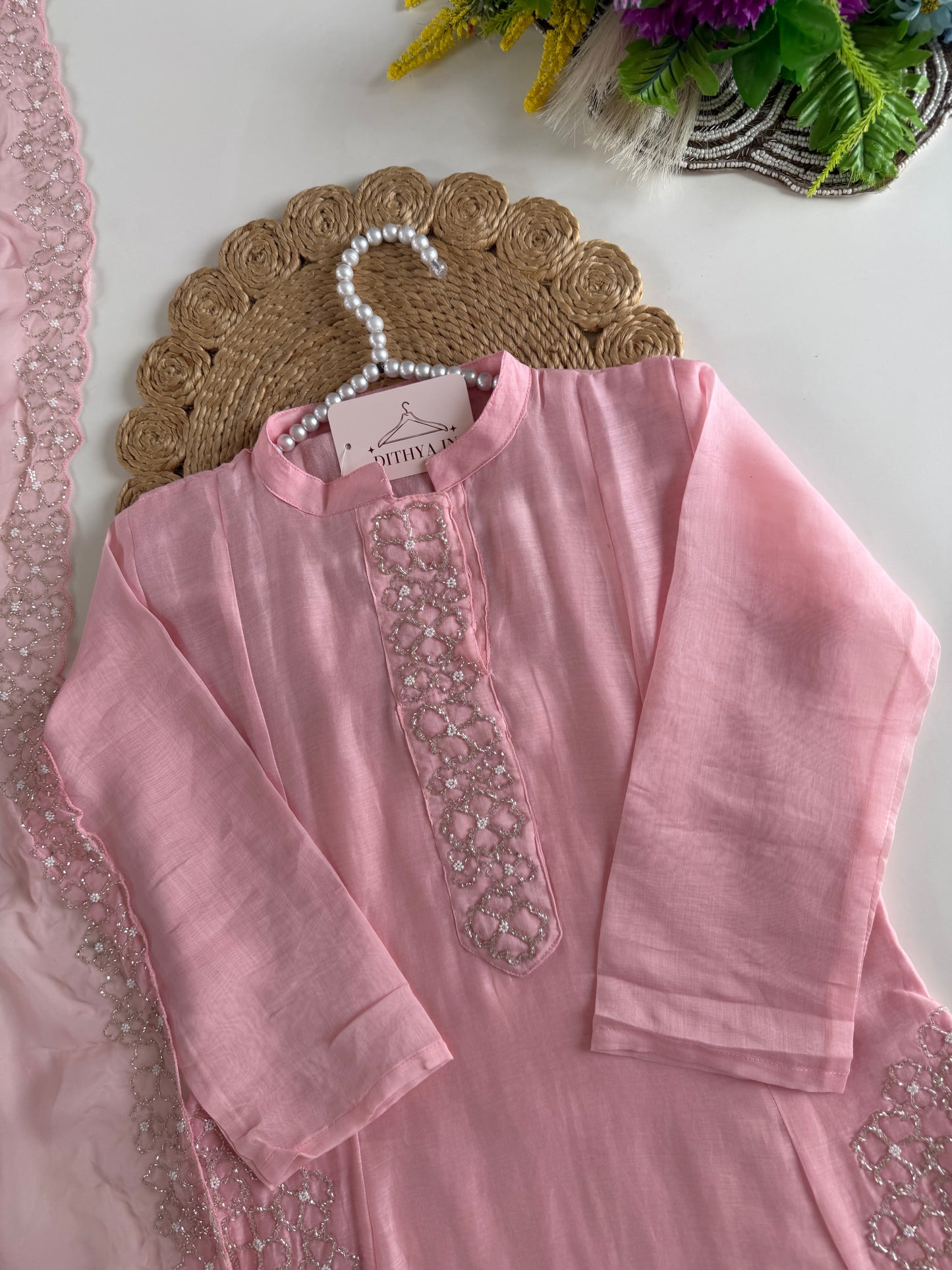 K283 - Mul chanderi handwork aline Kurti with pants and dupatta