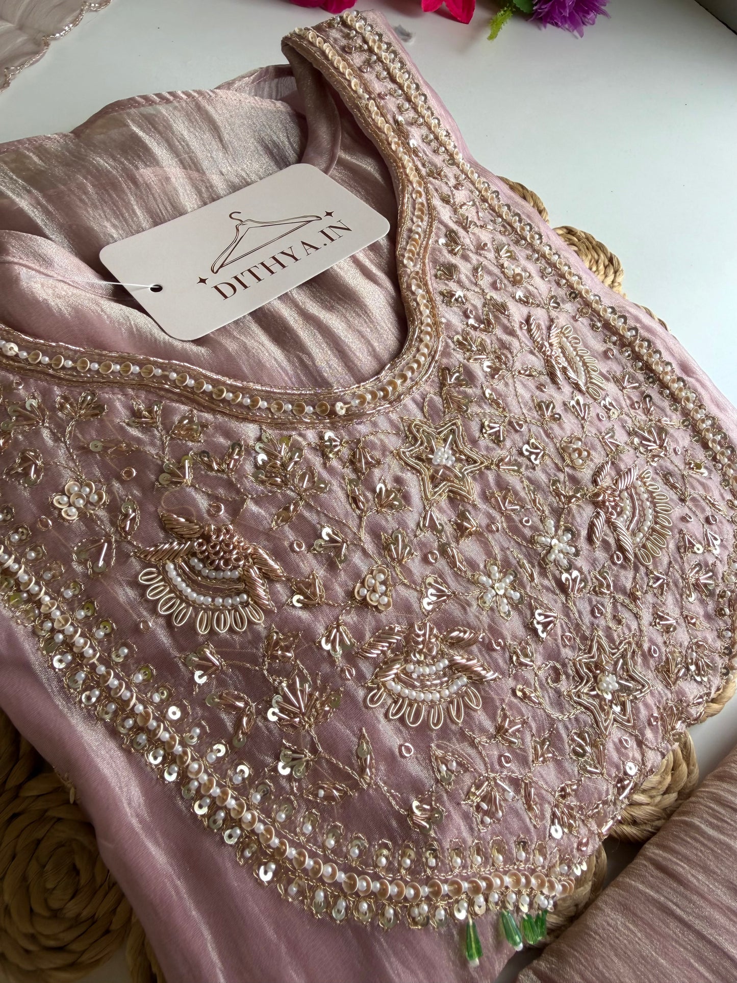 K473 - Crush Glass tissue handwork aline Kurti with pants and dupatta