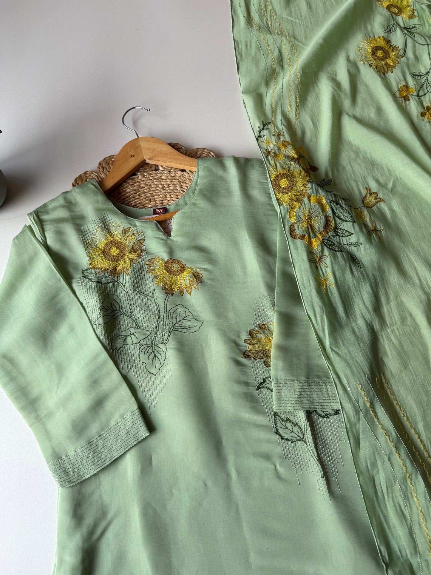 K702 - Surat Mul chanderi embroidered straight Kurti with pants and dupatta in 2 colours