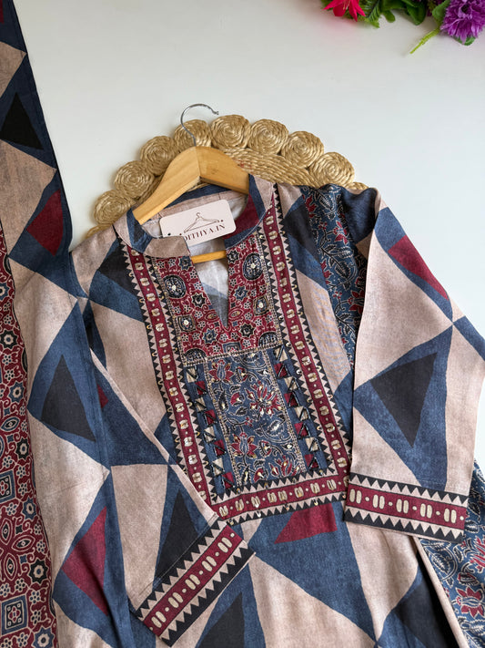K413 - Pure muslin ajrakh Aline Kurti with pants and dupatta