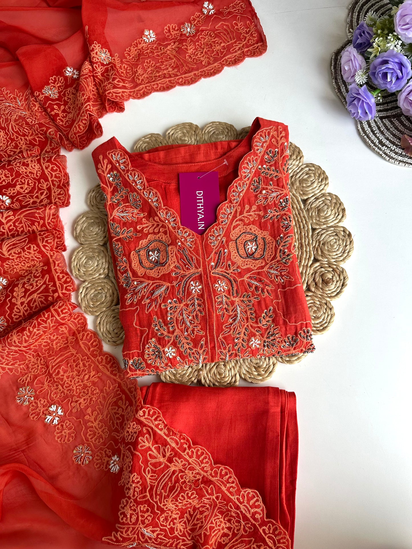 K141 - Mul Chanderi handwork Straight Kurti with pants and dupatta