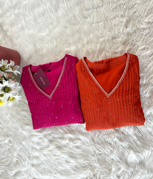 K369 - Mul Chanderi zari work Aline Kurti with pants and dupatta in 2 colours