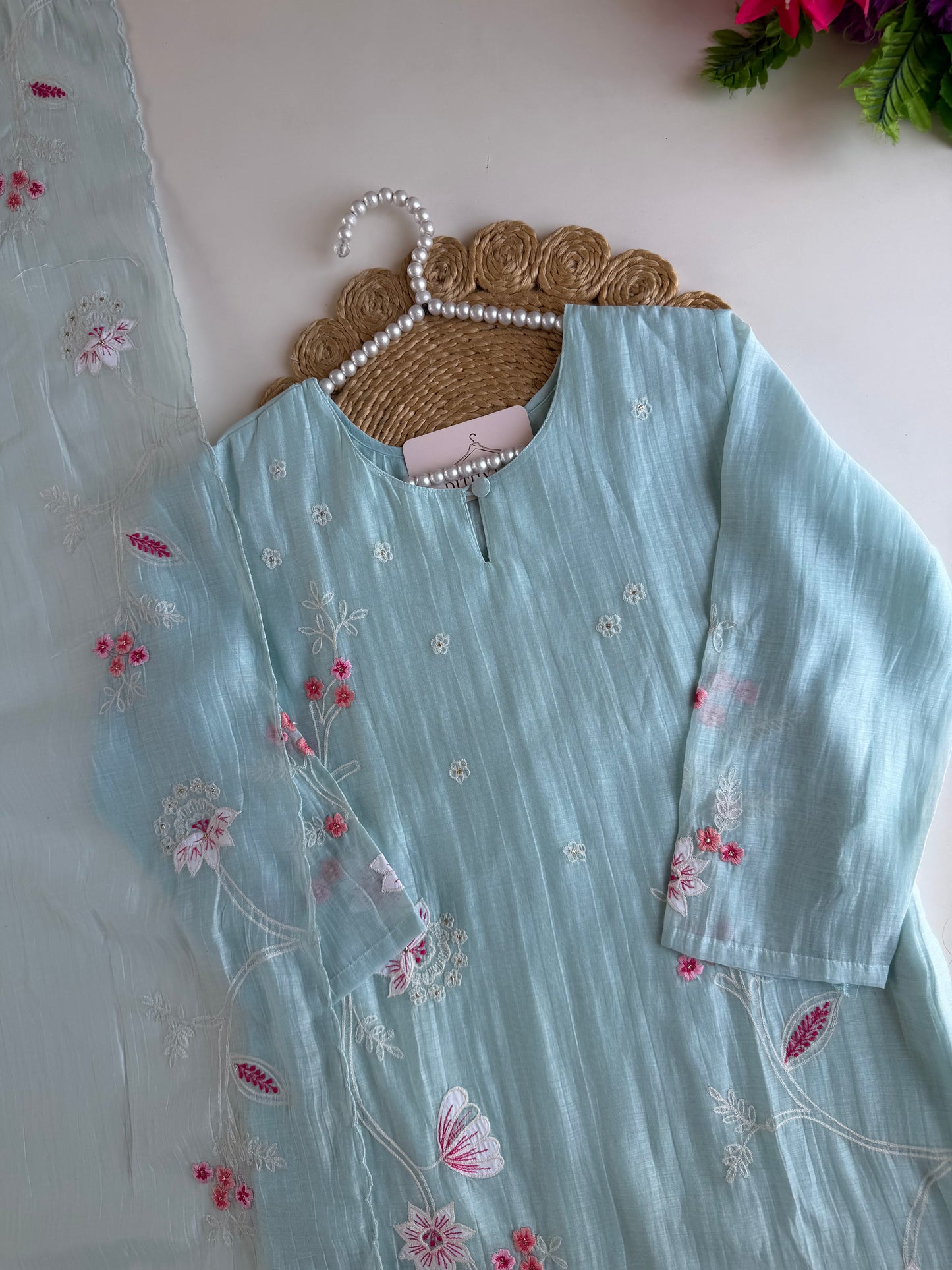 K275 - Mul chanderi embroidered straight Kurti with pants and dupatta