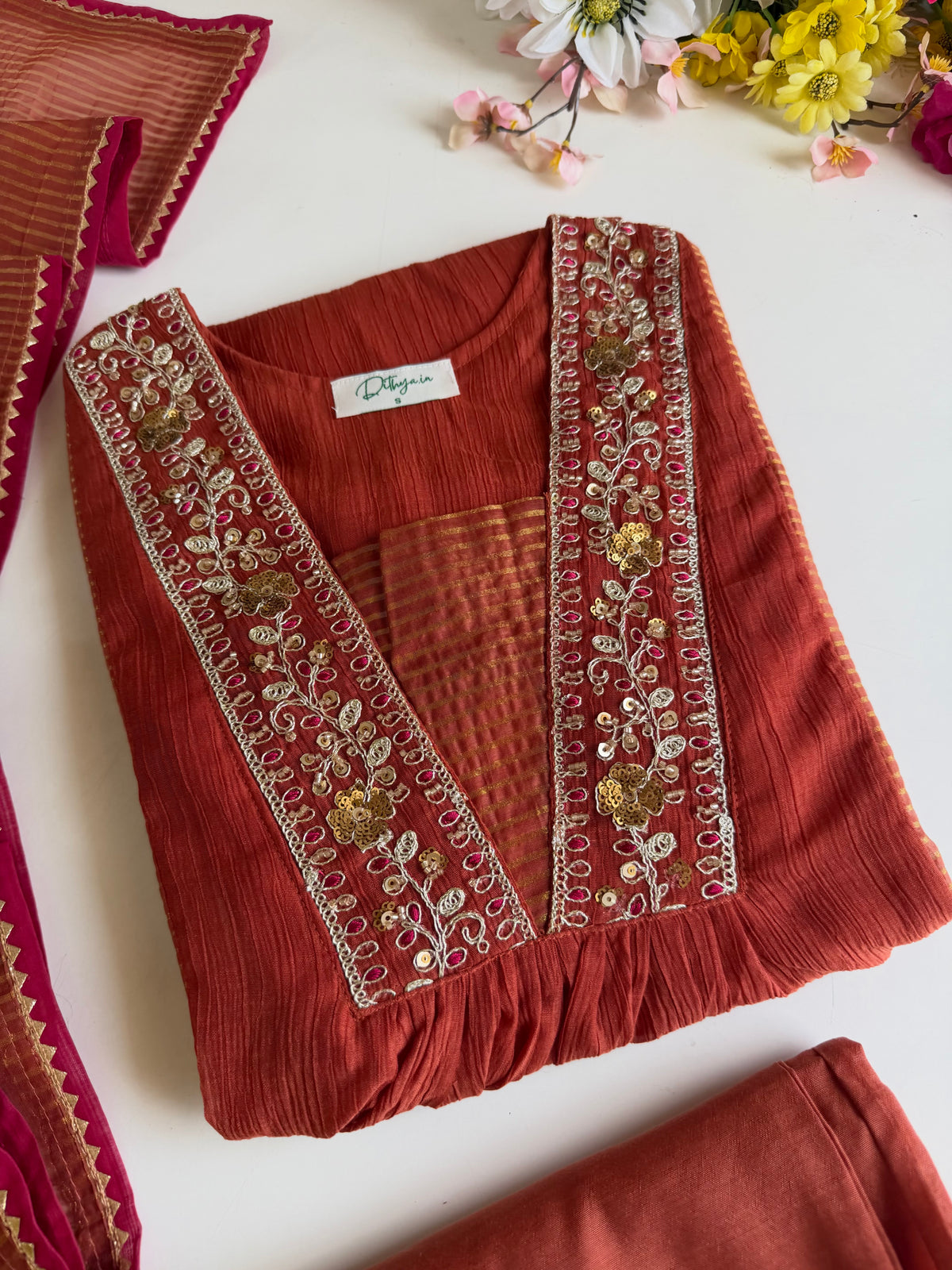 K339 - Crushed Surat Mul chanderi embroidered Anarkali with pants and dupatta