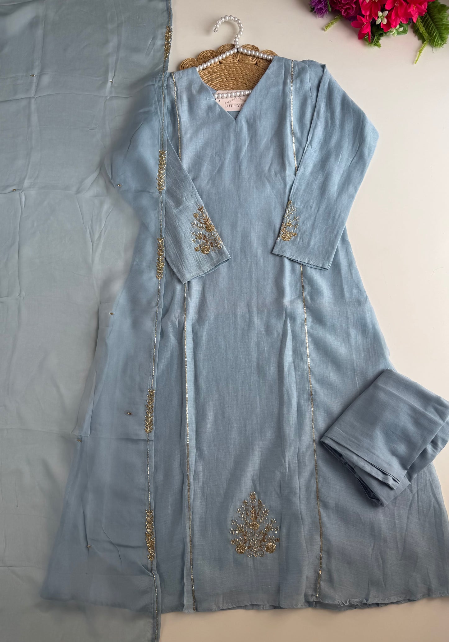 K108 - Mul chanderi handwork aline Kurti with pants and dupatta
